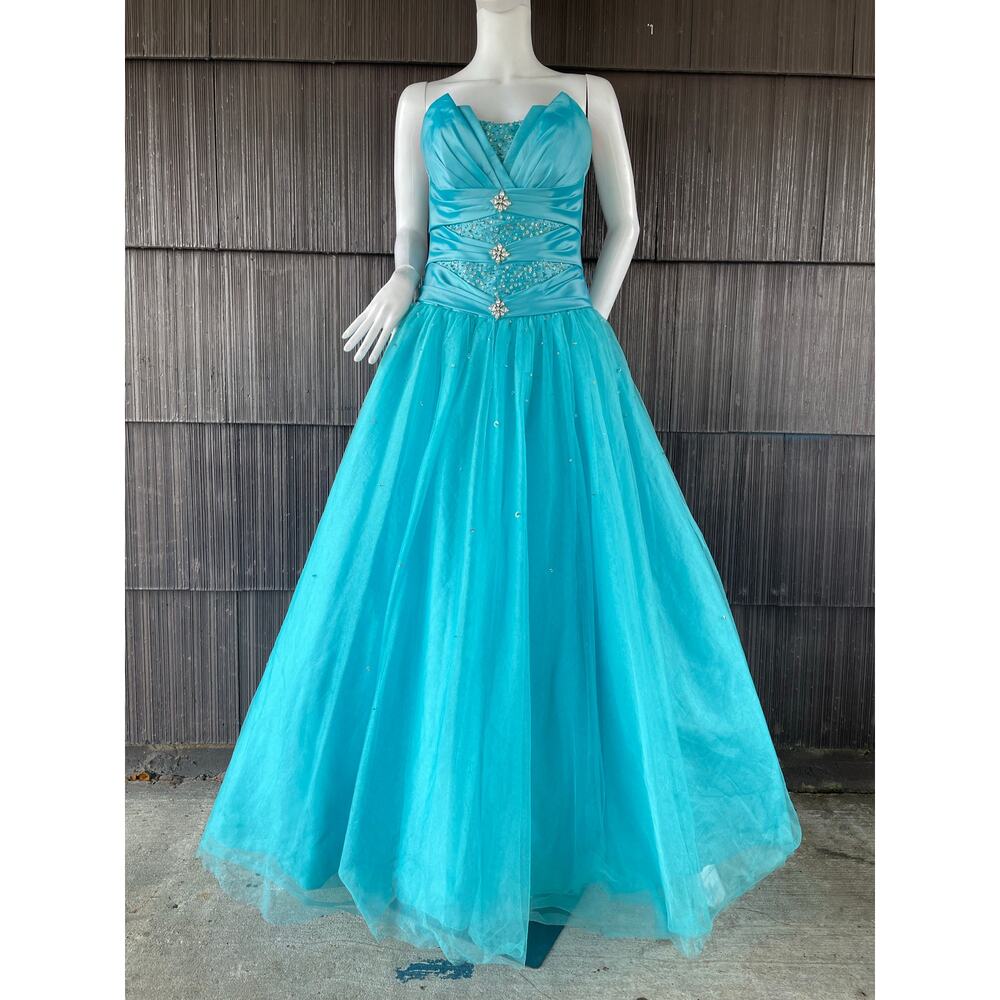 🔥Maggie Sottero Flirt Turquoise Beaded Strapless Princess Ball Gown Prom Pageant